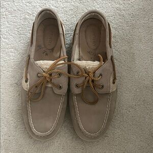 Sperry Taupe Boat Shoes with rawhide leather laces